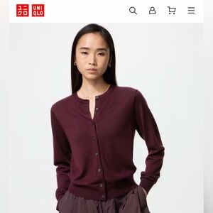 Uniqlo Extra Fine Merino Crew Neck Cardigan Sweater Knit Size XS, Wine Colour